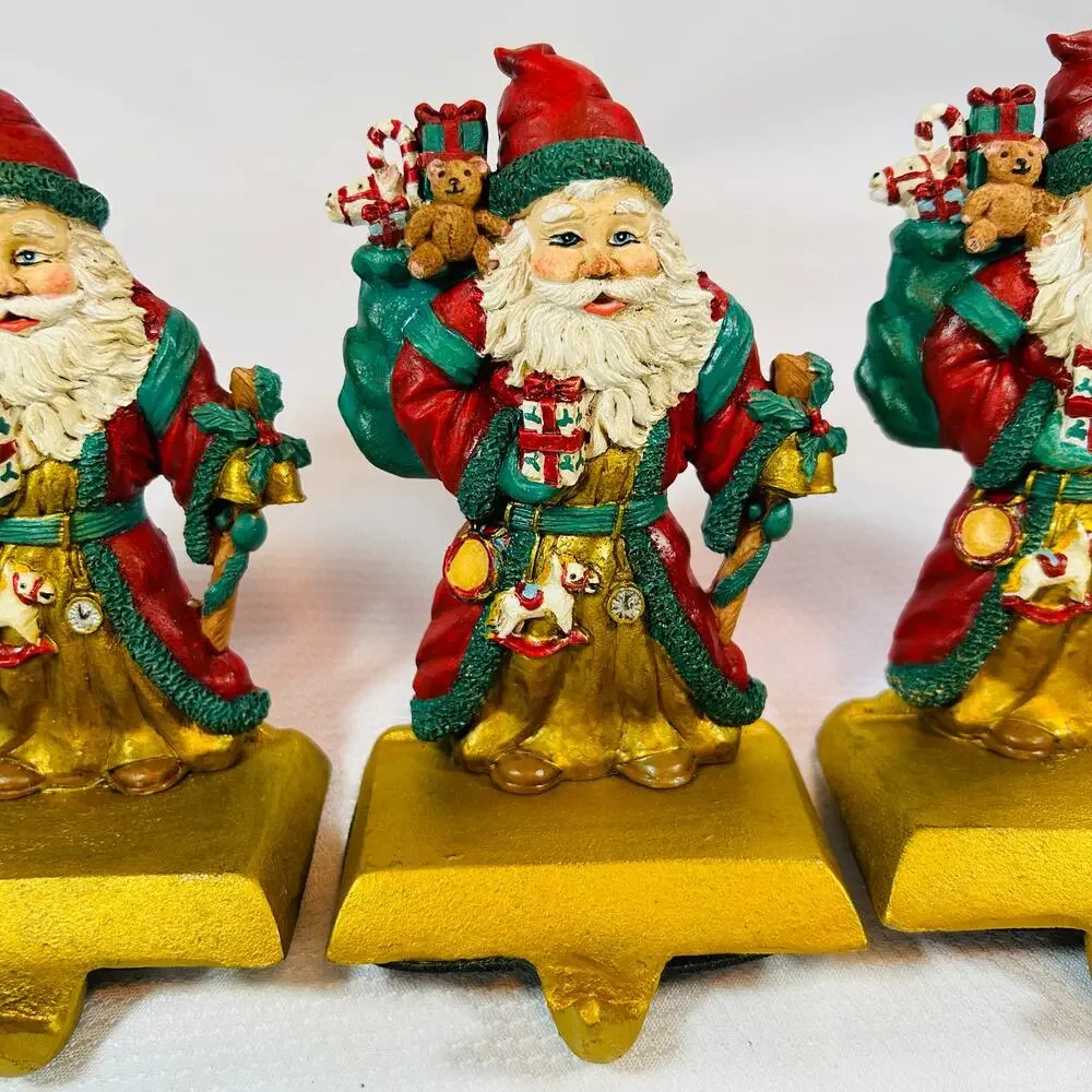 3 Cast Iron Base Hand Painted Santa Stocking Holder Vintage Christmas
